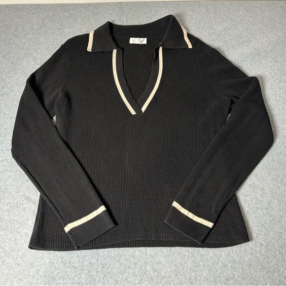 LOFT Sweaters - Ann Taylor LOFT Black Knit Polo Sweater Beige Trim Long Sleeve Women